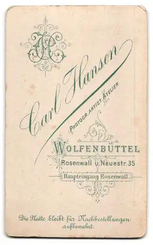 Fotografie Carl Hansen, Wolfenbüttel, Rosenwall u. Neuestrasse 35, Portrait eleganter Herr mit Moustache