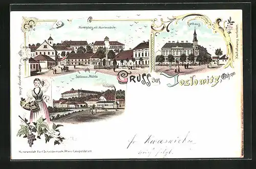 Lithographie Joslowitz / Mähren, Rathaus, Marktplatz mit Mariensäule, Schloss und Mühle