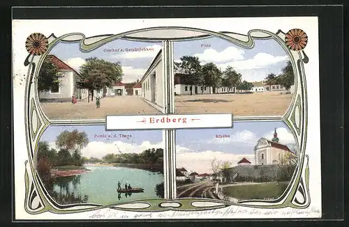 AK Erdberg, Gasthof zur Gemütlichkeit, Partie an der Thaya, Kirche
