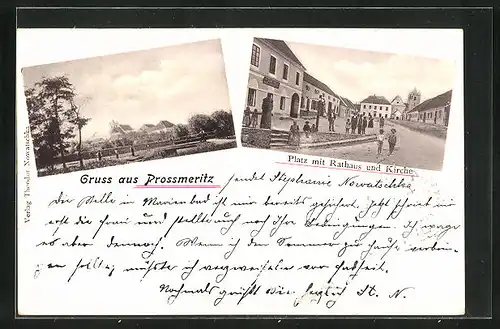 AK Prossmeritz, Platz mit Rathaus und Kirche