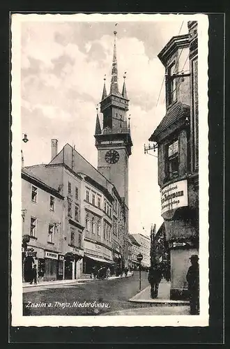 AK Znaim, Einkaufspassage mit Rathausturm