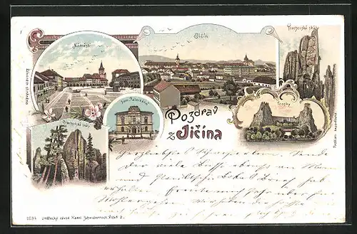 Lithographie Jitschin / Gitschin / Jicin, Námestí, Trosky, Dum Palackeho