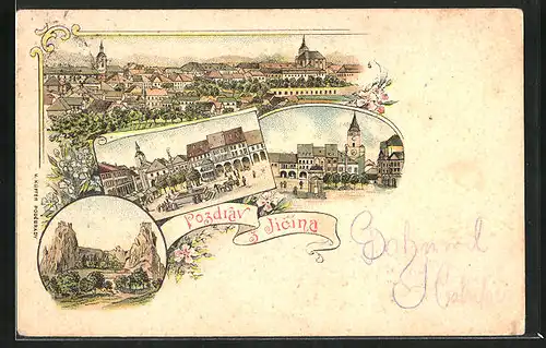 Lithographie Jitschin / Gitschin / Jicin, Ortsansichten mit Marktplatz und Kirche