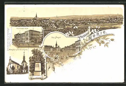 Lithographie Horice, Cást Námestí, Skola, Kostel