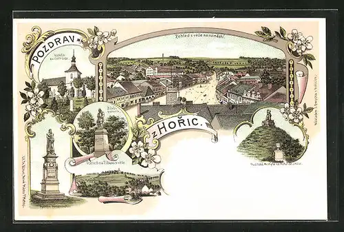 Lithographie Horice, Námestí, Pomnik Komenského, Kostelik sv. Gotharda