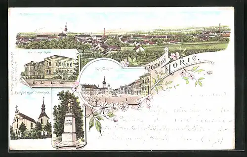 Lithographie Horice, Cást Námestí, Ramátný kostel Sv. Gotharda, C. k. odborna skola