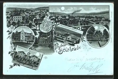 Mondschein-Lithographie Lazne Belohrad, Zamek, Lázensky Hotel, Cerne Jezero