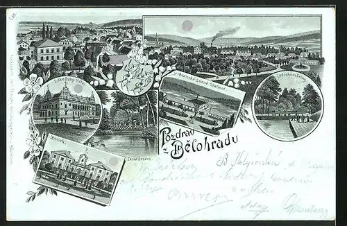 Mondschein-Lithographie Lazne Belohrad, Zamek, Lázensky Hotel, Panorama