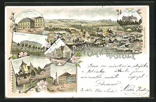 Lithographie Cerveny Kostelec, Divici skola, Radnice, Villa pana Dobese