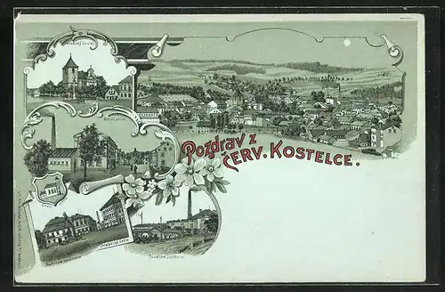 Mondschein-Lithographie Cerveny Kostelec, Horní ulice, Chlapecká skola, Jakubsky kostel