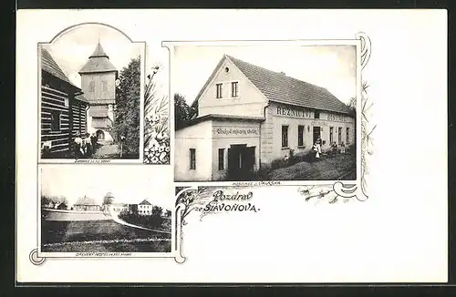 AK Slavonov, Dreveny Kostel, Zvonice, Hostinec J. Valaska