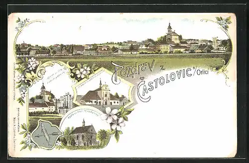 Lithographie Castolovice, Lor. kaple sv. Václava a spital, kostel sv. Vita