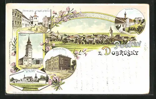 Lithographie Dobruska, Radnice, Mestanské skoly, kostel sv. Václava