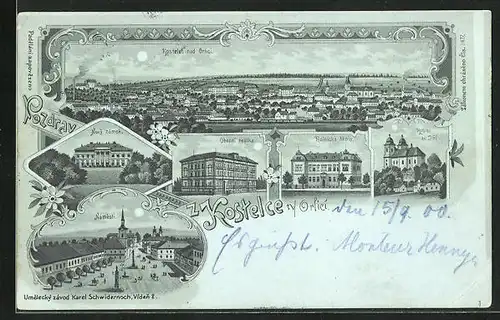 Mondschein-Lithographie Adler Kosteletz / Kostelec nad Orlici, Zámek, Námestí, skola