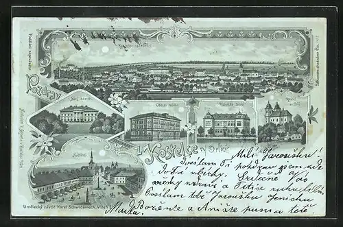 Mondschein-Lithographie Adler Kosteletz / Kostelec nad Orlici, Nový zámek, Námestí, kostel sv. Jirí