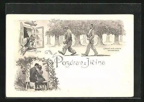 Lithographie Jicin, Wachtmeister mit Inhaftiertem, zwei Liebende, der beschissene Alte