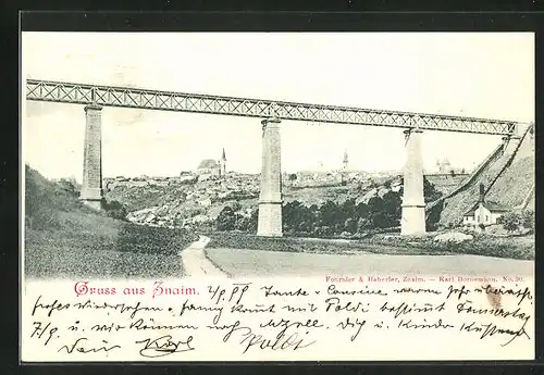 AK Znaim, Brücke mit Ort dahinter