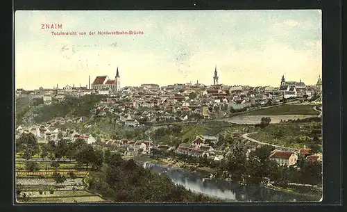 AK Znaim, Panorama v. Nordwestbahn-Brücke