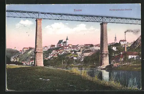 AK Znaim, Nordwestbahn-Brücke mit Fluss vor der Stadt