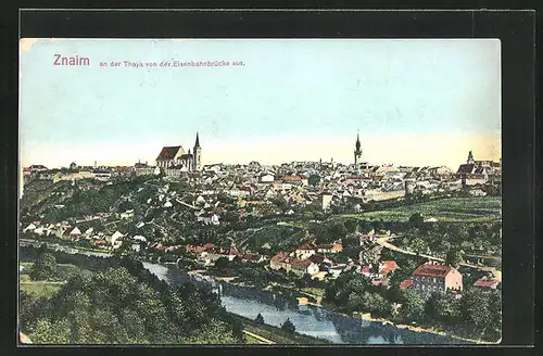 AK Znaim, Blick auf die Stadt von Eisenbahnbrücke aus