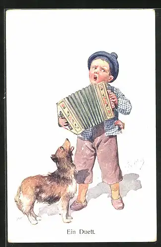 Künstler-AK Karl Feiertag: Junge spielt Akkordeon und singt mit Hund dazu