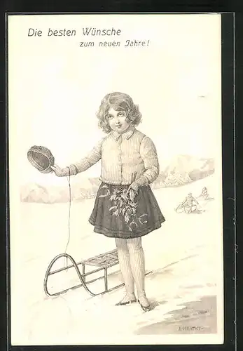 Künstler-AK R. Kratky: Mädchen mit Schlitten, Neujahrswünsche