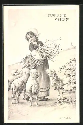 Künstler-AK R. Kratky: Mädchen bei Osterlämmern auf der Weide