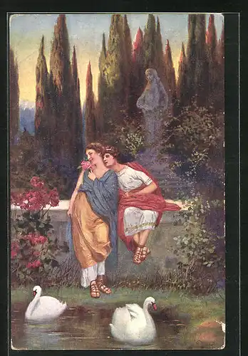 Künstler-AK Fr. Klimes: Liebespaar im römischen Garten, Schwäne