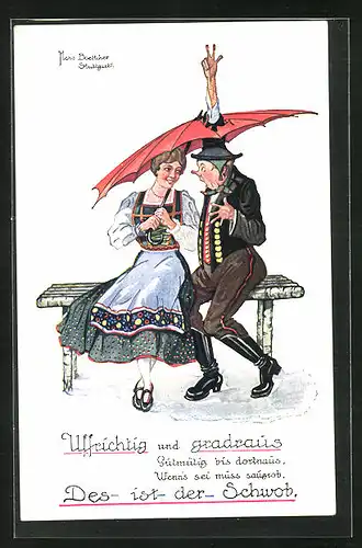 Künstler-AK Hans Boettcher: Mann und Frau in schwäbischer Tracht auf Bank