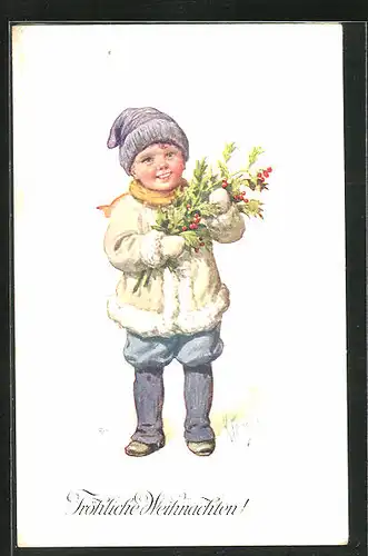 Künstler-AK Karl Feiertag: Glücklicher Junge mit warmen Mantel