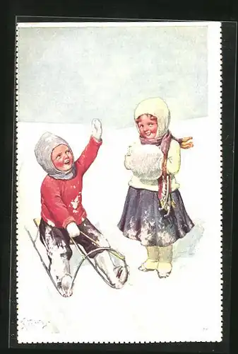 Künstler-AK Karl Feiertag: Junge grüsst Mädchen beim Schlittenfahren