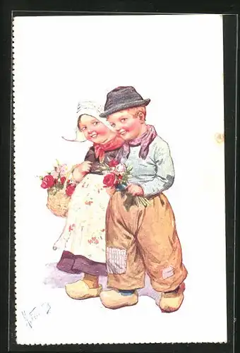 Künstler-AK Karl Feiertag: Mädchen und Junge laufen Arm in Arm