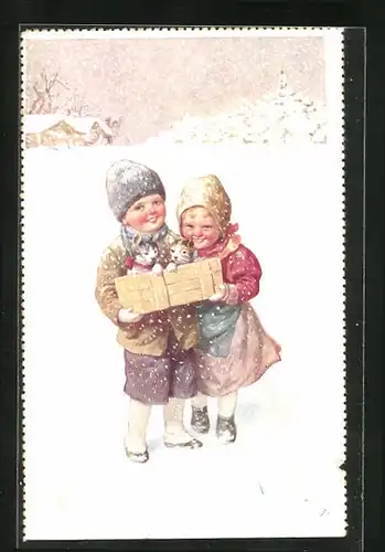 Künstler-AK Karl Feiertag: Kinder mit Katzten im Korb