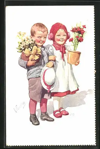 Künstler-AK Karl Feiertag: Bube und Mädchen mit Blumentöpfen