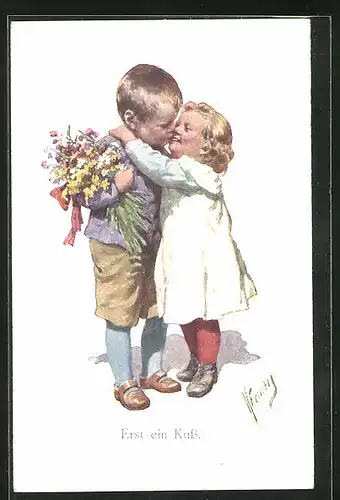 Künstler-AK Karl Feiertag: Junge und Mädchen küssen sich