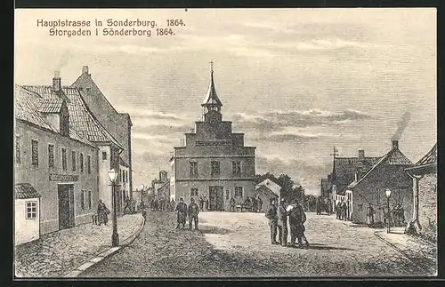 Lithographie Sonderburg, Hauptstrasse mit Besuchern