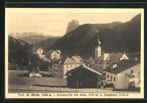 AK St. Ulrich, Totalansicht mit Sella und Langkofel
