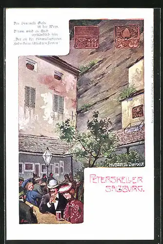 Künstler-AK Salzburg, Restaurant Peterskeller mit Gedicht