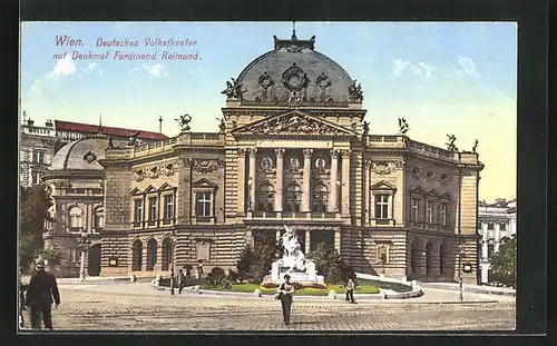 AK Wien, Deutsches Volkstheater mit Denkmal Ferdinand Reimund