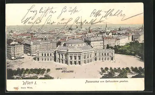 AK Wien, Panorama mit Burgtheater vom Rathausturm gesehen, Strassenbahn