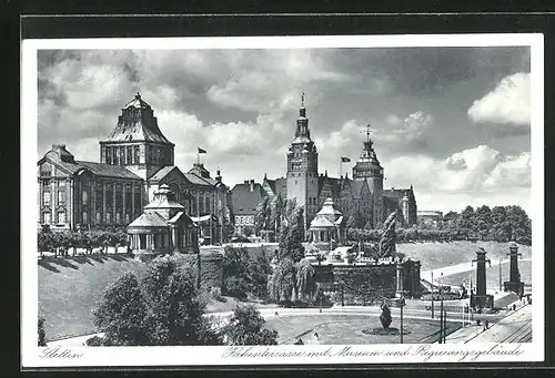 AK Stettin, Hakenterrasse mit Museum und Regierungsgebäude