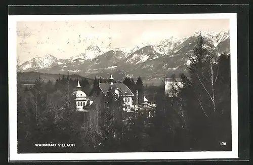 AK Warmbad Villach, Teilansicht mit Bergpartie