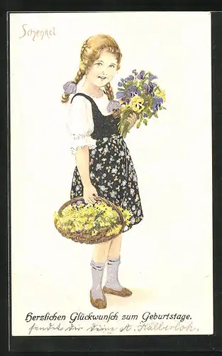 Künstler-AK Franziska Schenkel: Mädchen mit Blumenkorb