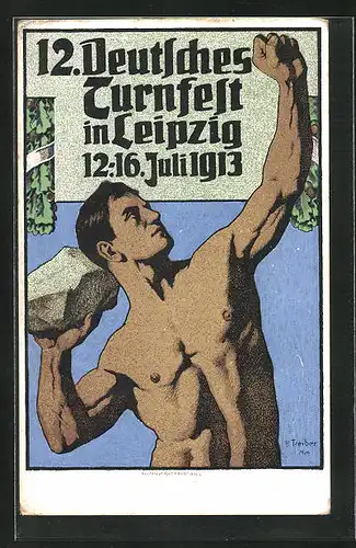 Künstler-AK Hans Treiber: Leipzig, 12. Deutsches Turnerfest 1913, Mann beim Kugelstossen