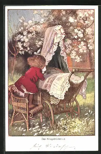 Künstler-AK Maxim Trübe: Das Kriegsbrüderlein, Schwester an Wiege