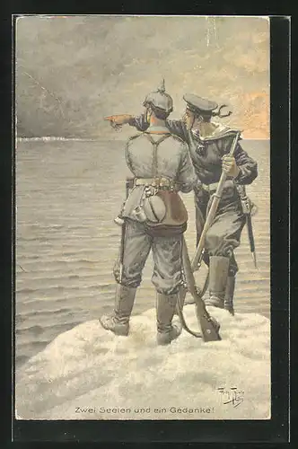 Künstler-AK Arthur Thiele: Zwei Seelen und ein Gedanke!, Matrose und Soldat