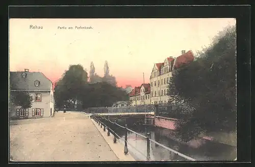 AK Rehau, Gartenstrasse in der Abenddämmerung