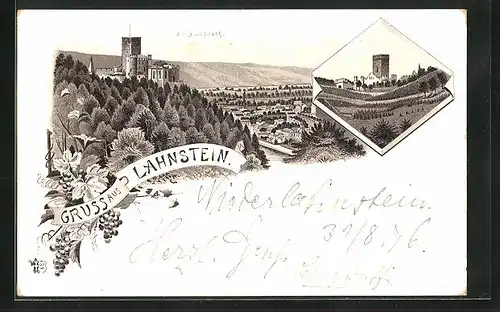 Lithographie Lahnstein, Ansicht der Burg Lahneck