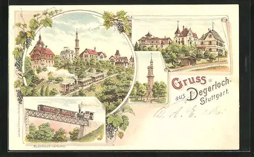 Lithographie Degerloch-Stuttgart, Verschiedene Ansichten der Stadt mit Bergbahn