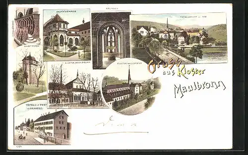 Lithographie Maulbronn, Hotel und Brauerei zur Post, Kloster, Brunnenhalle